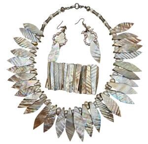 Vintage Mother of Pearl Abalone Shell Chunky Statement Necklace Earring Set Boho